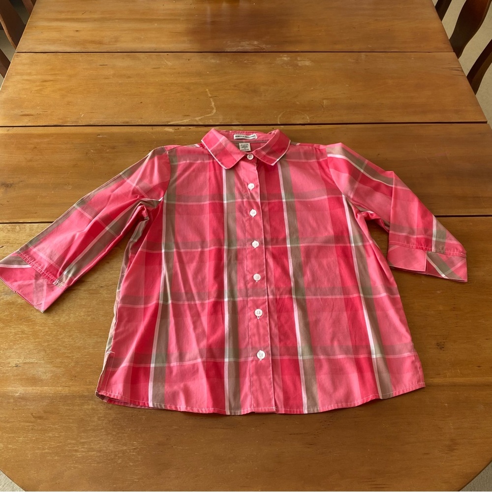 Cotton Blend Pink Green Plaid Women’s Button Up Shirt 3/4 Sleeves Retro Preppy